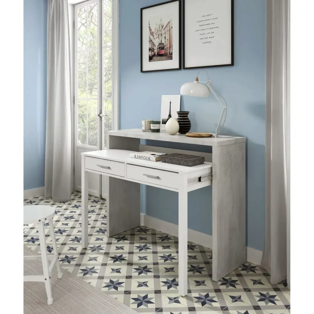 Illustration numéro 2 du produit Bureau extensible 2 tiroirs L99cm - Blanc / Béton