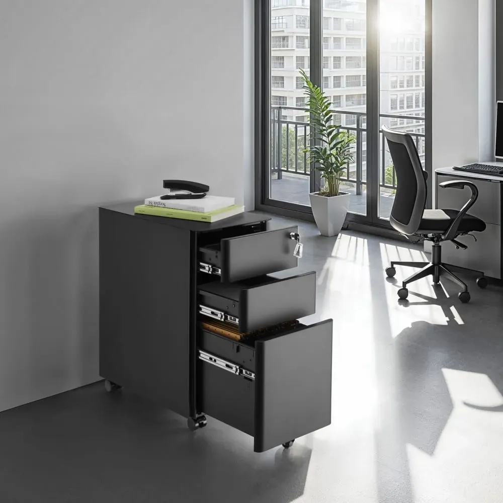 Illustration numéro 2 du produit Caisson de bureau à roulettes 2 tiroirs et 1 à dossiers suspendus noir