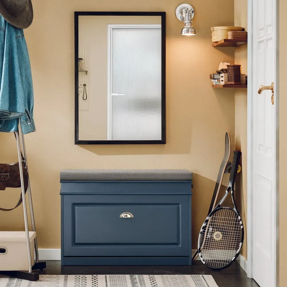 Illustration numéro 2 du produit Banc à chaussures avec 1 abattant et 1 tiroir effet bois bleu