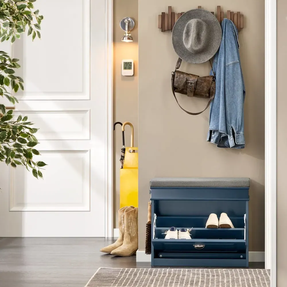 Illustration numéro 2 du produit Banc à chaussures avec 1 abattant et 1 tiroir effet bois bleu