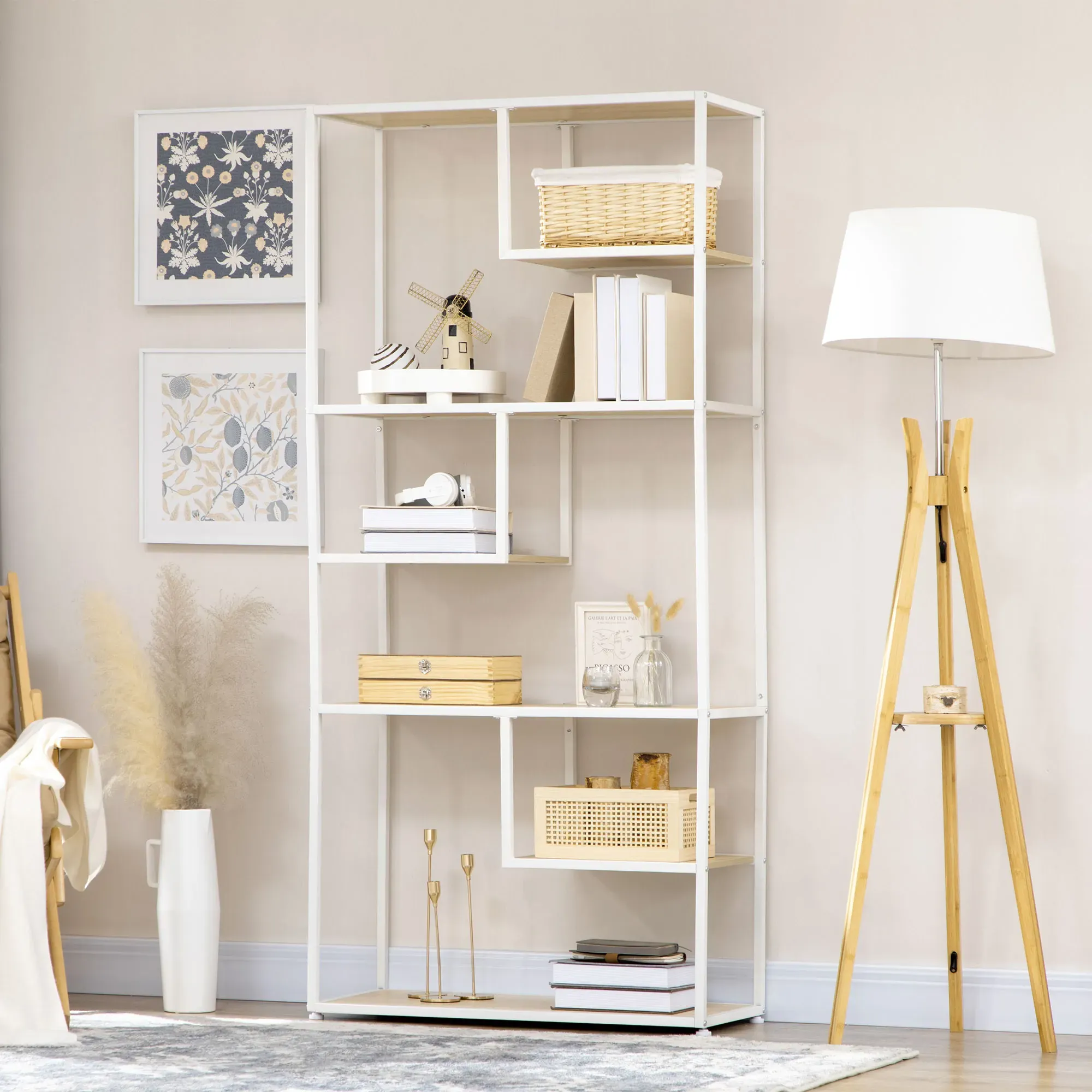 Illustration numéro 2 du produit Bibliothèque 7 niveaux style industriel aspect bois clair acier blanc