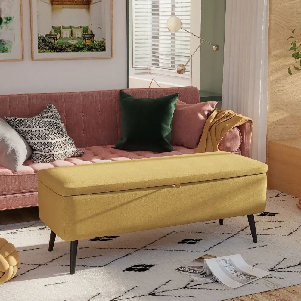 Illustration numéro 2 du produit Banc coffre de rangement 2 en 1 piètement acier noir tissu moutarde