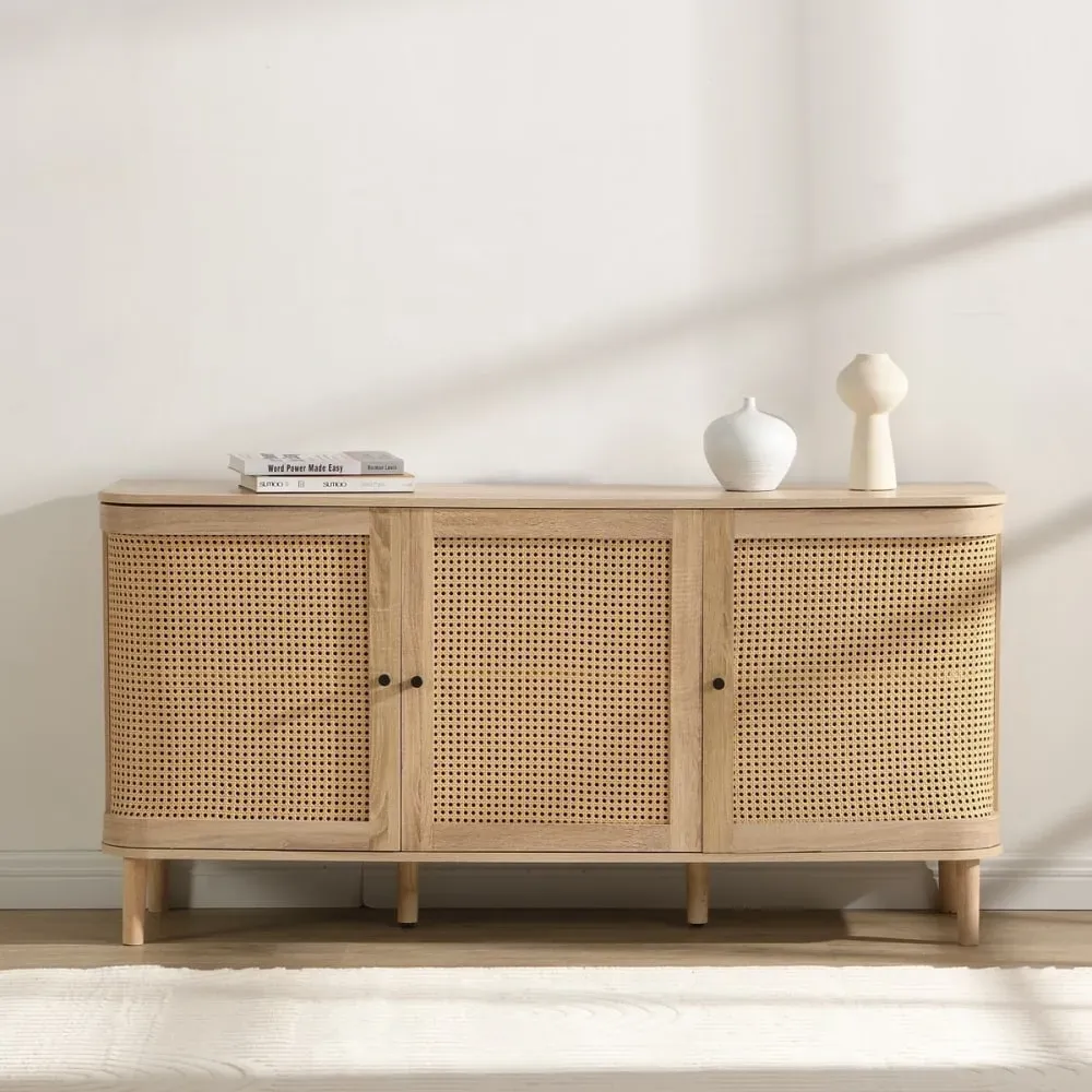 Illustration numéro 2 du produit Buffet 3 portes couleur chêne et cannage 150 cm