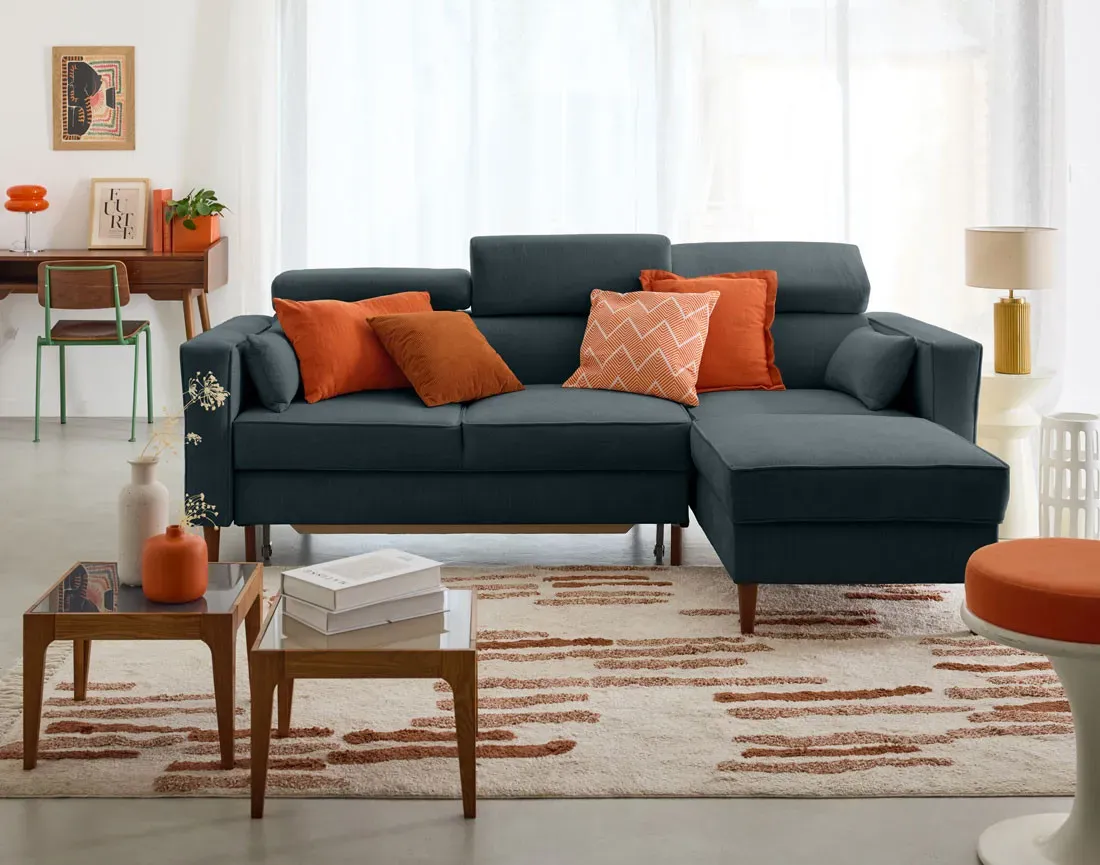 Illustration numéro 2 du produit Canapé d'angle réversible convertible 4 places en tissu texturé bleu