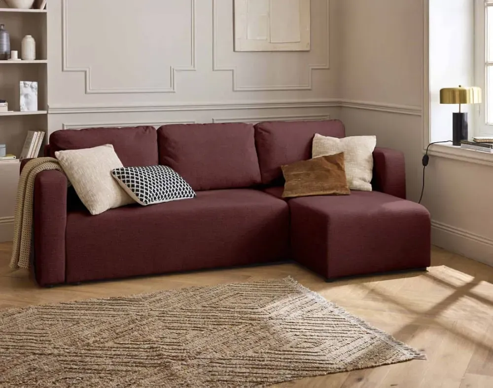 Illustration numéro 2 du produit Canapé d'angle réversible convertible 4 places en tissu texturé prune