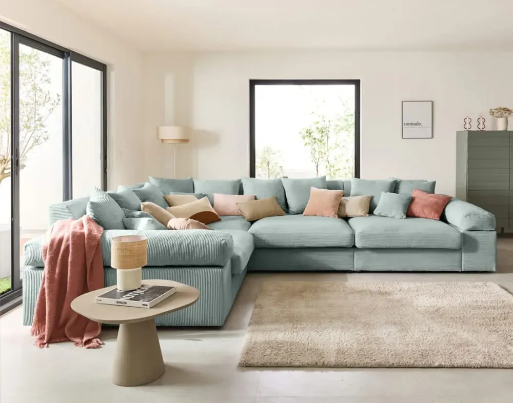 Illustration numéro 2 du produit Canapé d'angle réversible 5 places en velours côtelé bleu