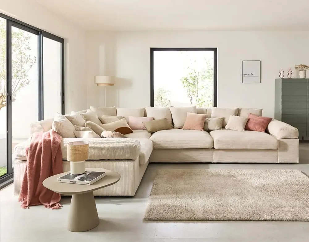 Illustration numéro 2 du produit Canapé d'angle réversible 5 places en velours côtelé beige