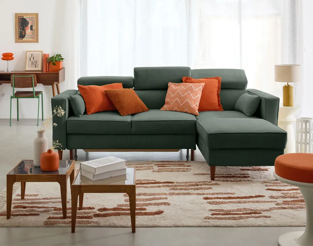 Illustration numéro 2 du produit Canapé d'angle réversible convertible 4 places en tissu texturé vert