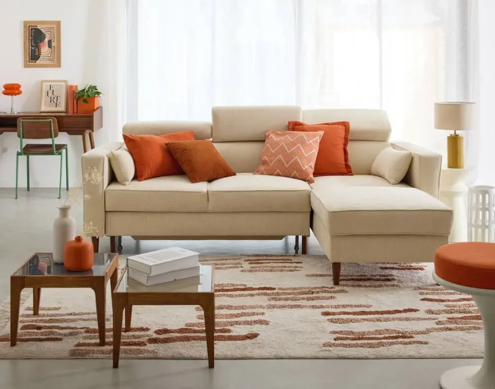 Illustration numéro 2 du produit Canapé d'angle réversible convertible 4 places en tissu texturé beige