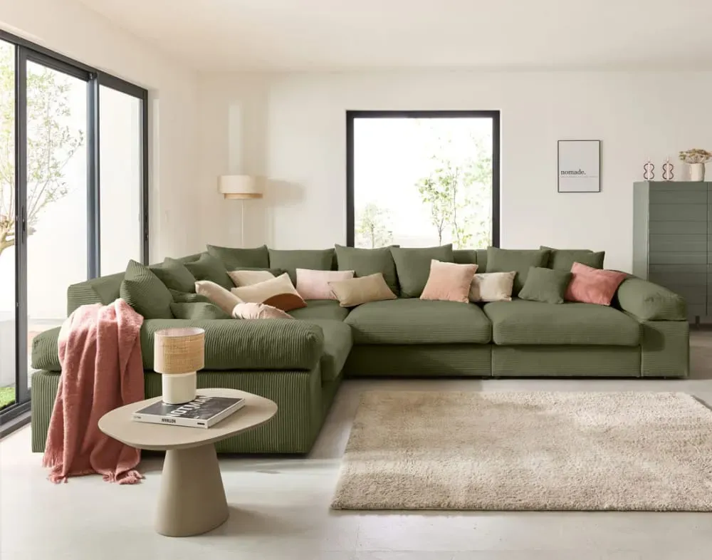 Illustration numéro 2 du produit Canapé d'angle réversible 5 places en velours côtelé vert