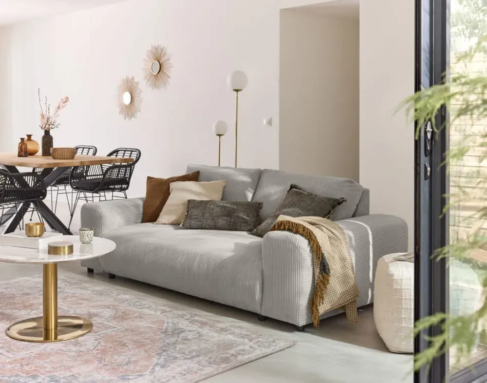 Illustration numéro 2 du produit Canapé droit 3 places en velours côtelé gris clair