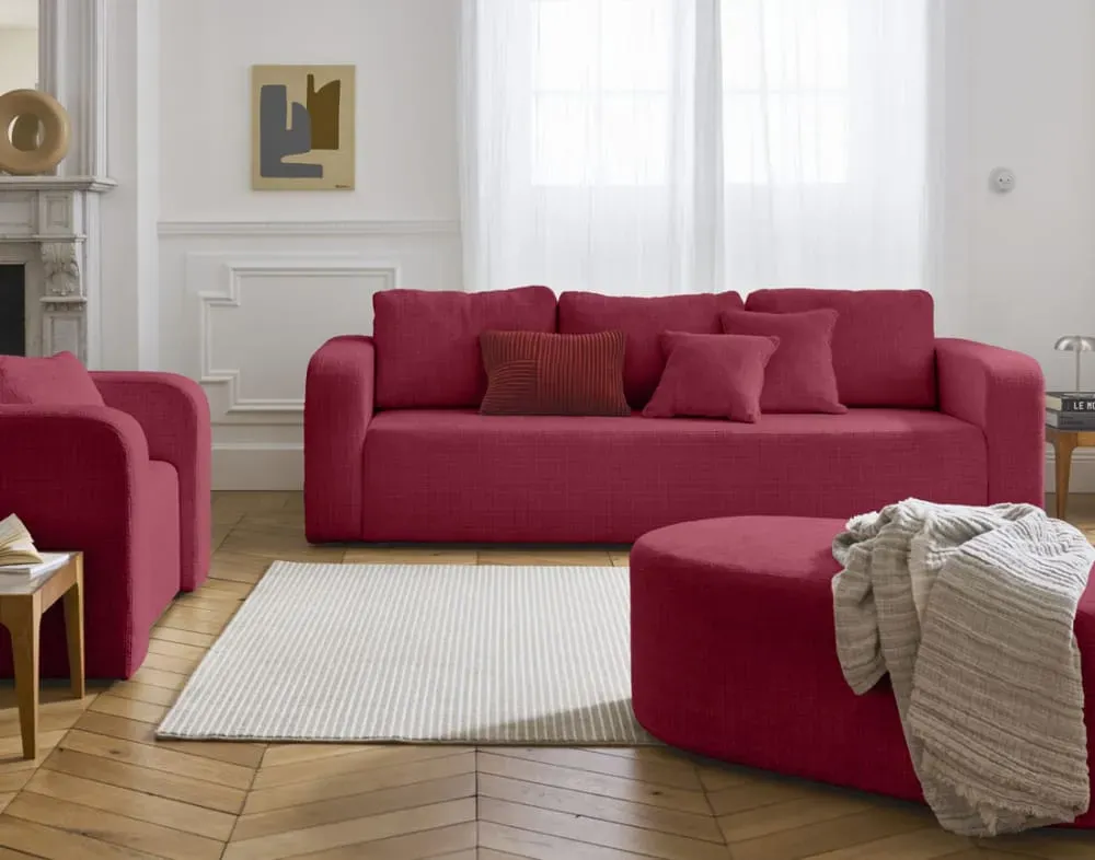 Illustration numéro 2 du produit Canapé droit convertible 3 places en velours texturé prune