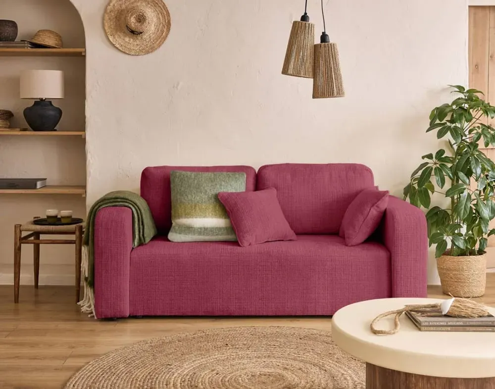 Illustration numéro 2 du produit Canapé droit 2 places en velours texturé prune