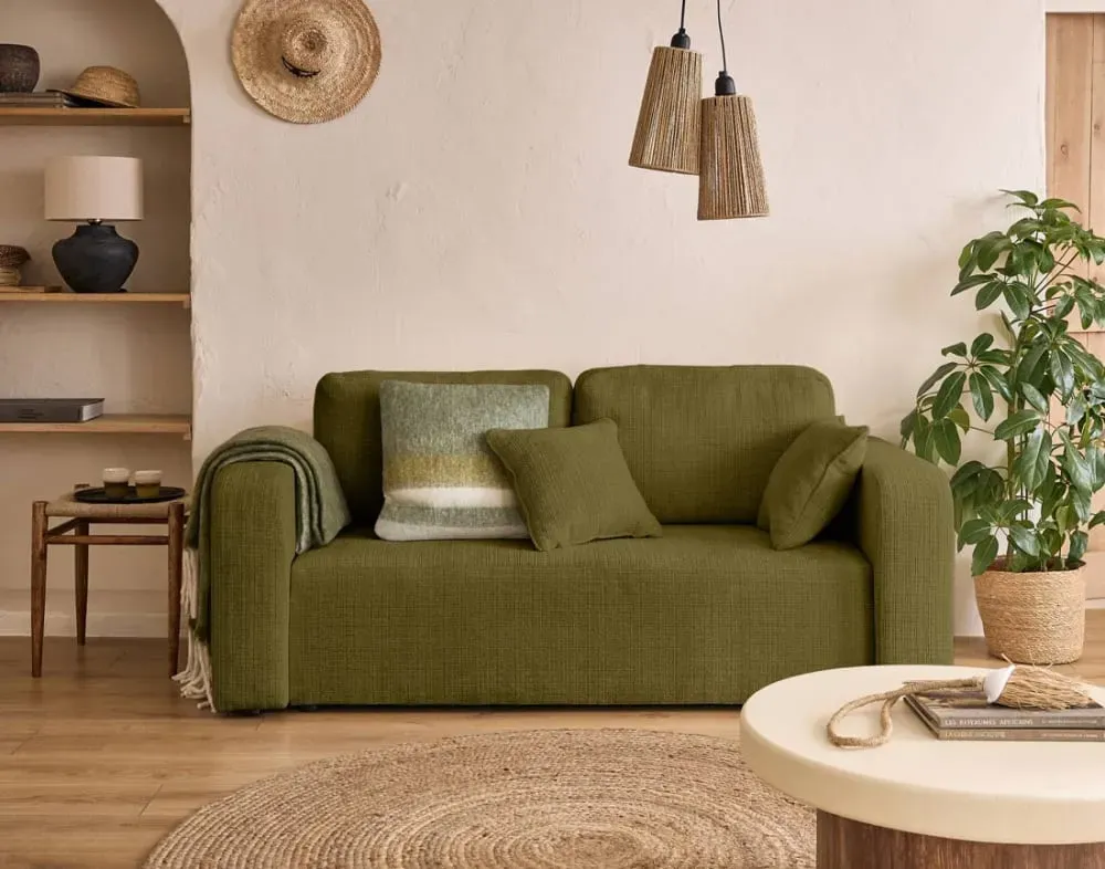 Illustration numéro 2 du produit Canapé droit 2 places en velours texturé vert olive