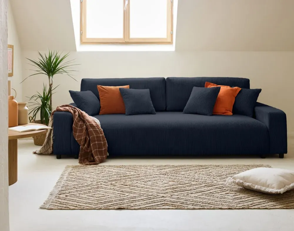 Illustration numéro 2 du produit Canapé droit convertible 3 places en velours côtelé bleu nuit