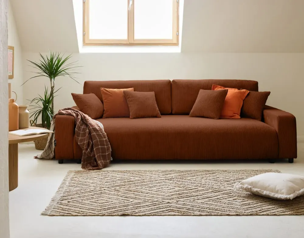 Illustration numéro 2 du produit Canapé droit convertible 3 places en velours côtelé terracotta