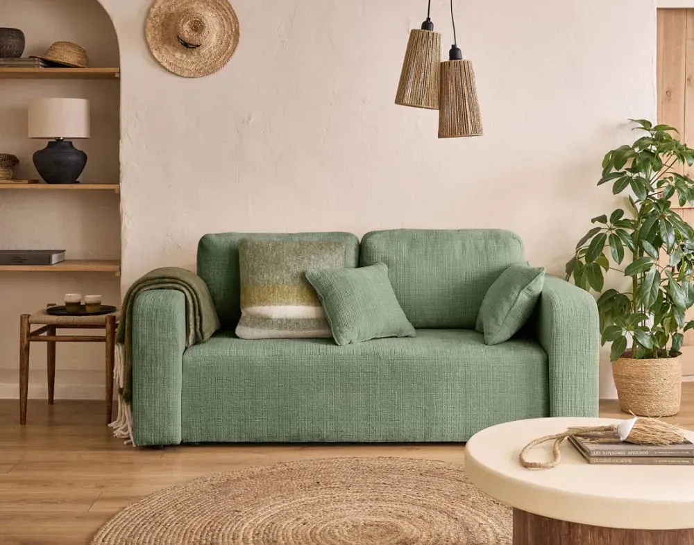 Illustration numéro 2 du produit Canapé droit 2 places en velours texturé vert sauge