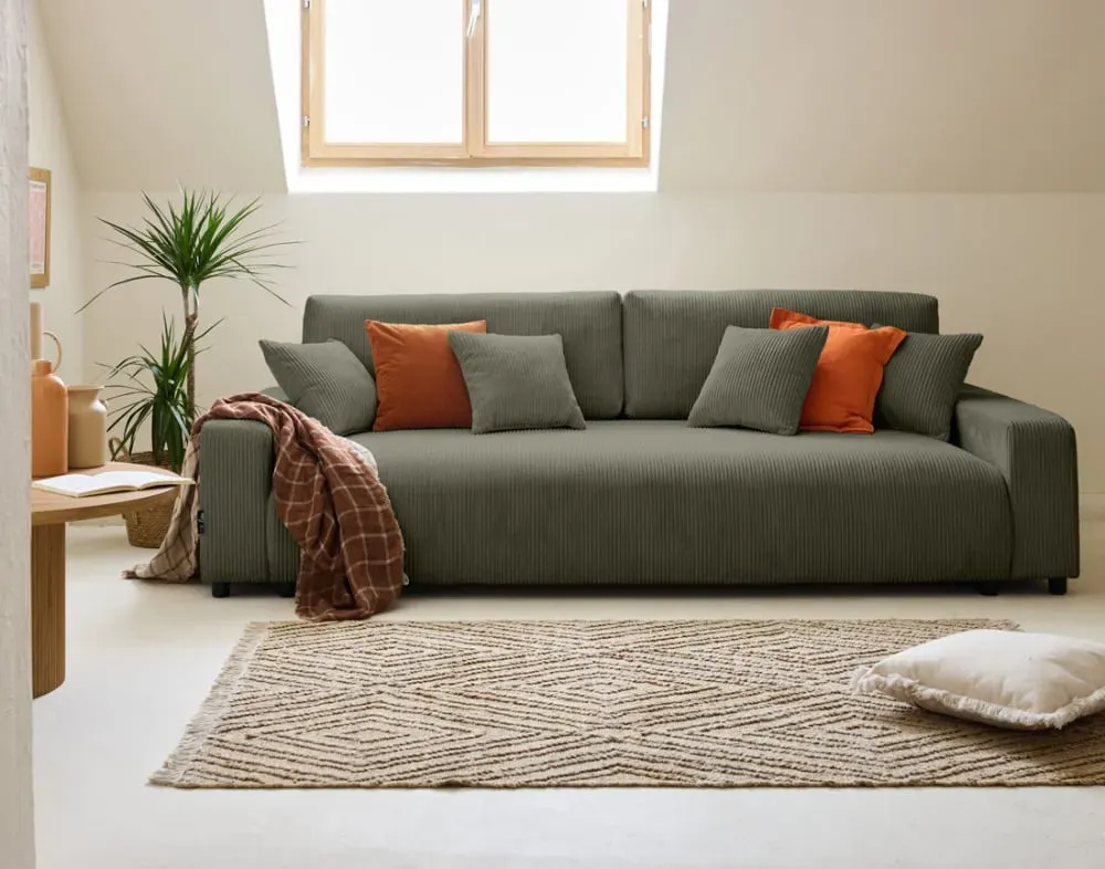 Illustration numéro 2 du produit Canapé droit convertible 3 places en velours côtelé vert