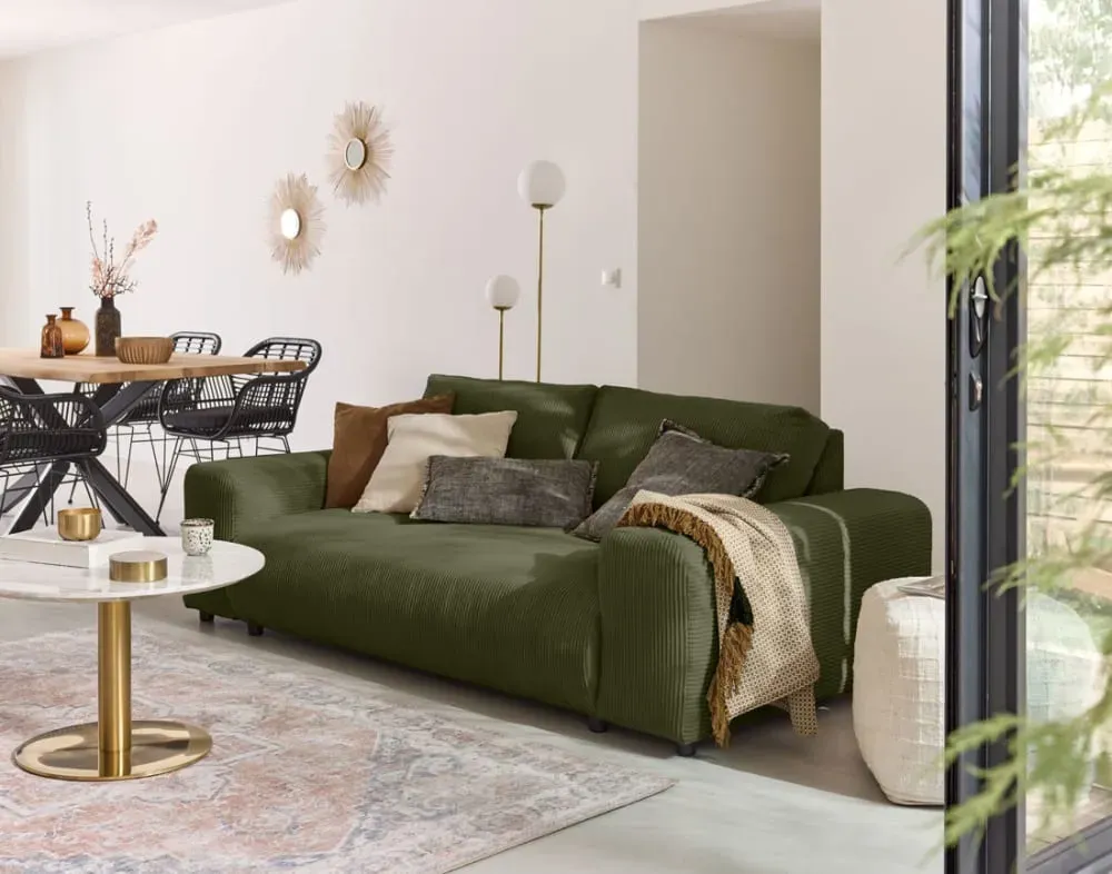 Illustration numéro 2 du produit Canapé droit 3 places en velours côtelé vert