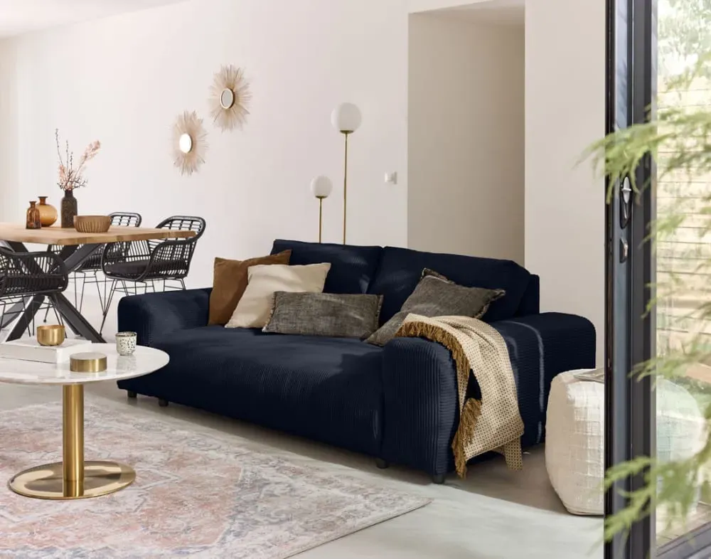 Illustration numéro 2 du produit Canapé droit 3 places en velours côtelé bleu nuit