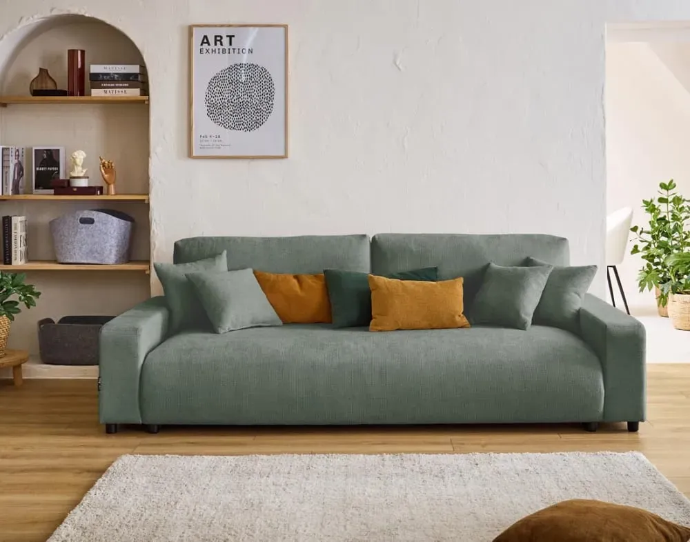 Illustration numéro 2 du produit Canapé droit convertible 3 places en velours texturé vert