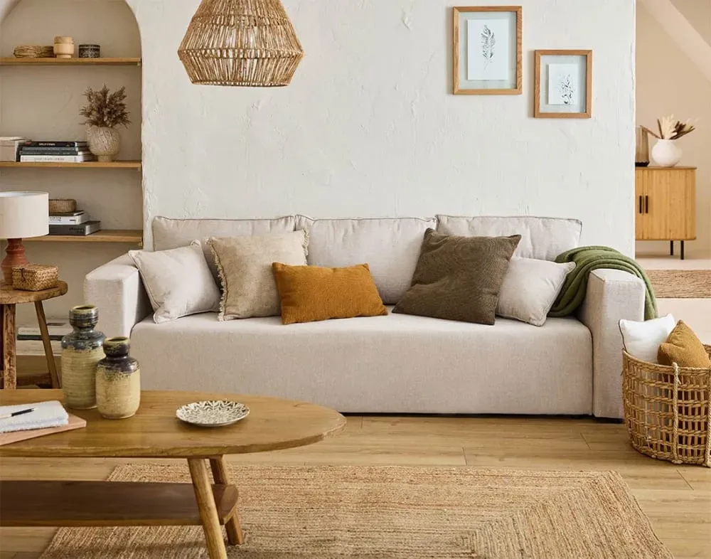 Illustration numéro 2 du produit Canapé droit convertible 3 places en tissu beige