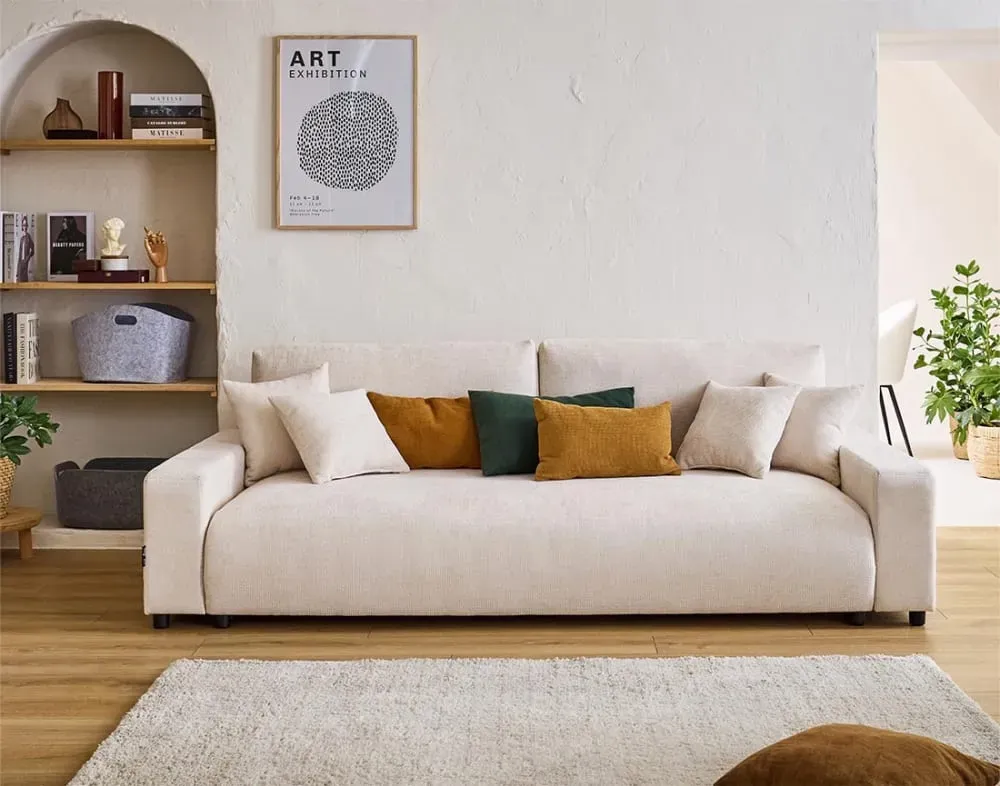 Illustration numéro 2 du produit Canapé droit convertible 3 places en velours texturé beige