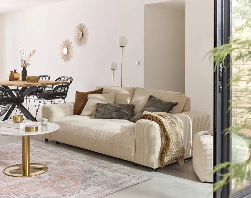 Illustration numéro 2 du produit Canapé droit 3 places en velours côtelé beige