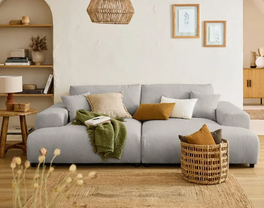 Illustration numéro 2 du produit Canapé droit 4 places en velours côtelé gris clair