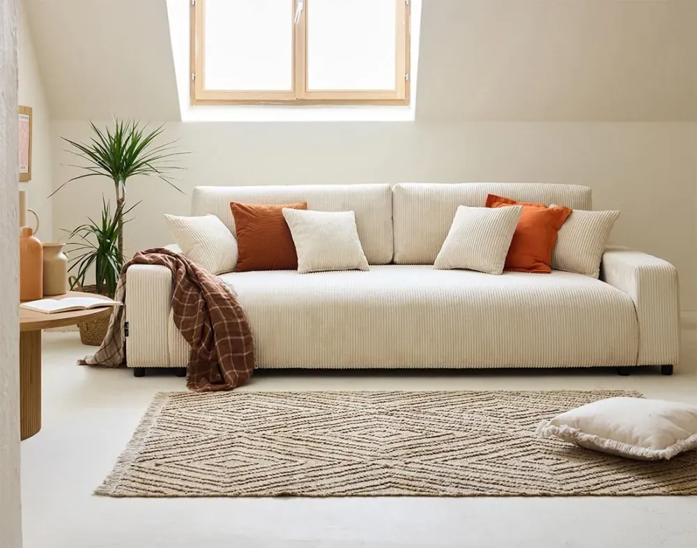 Illustration numéro 2 du produit Canapé droit convertible 3 places en velours côtelé beige