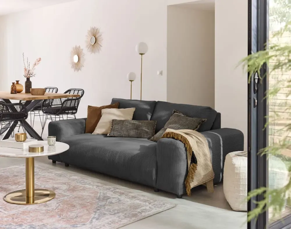 Illustration numéro 2 du produit Canapé droit 3 places en velours côtelé gris foncé