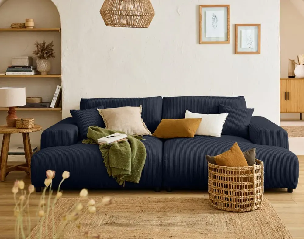 Illustration numéro 2 du produit Canapé droit 4 places en velours côtelé bleu nuit