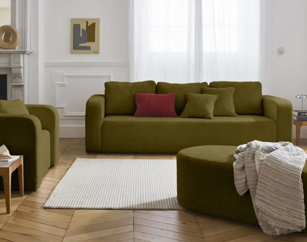 Illustration numéro 2 du produit Canapé droit convertible 3 places en velours texturé vert olive