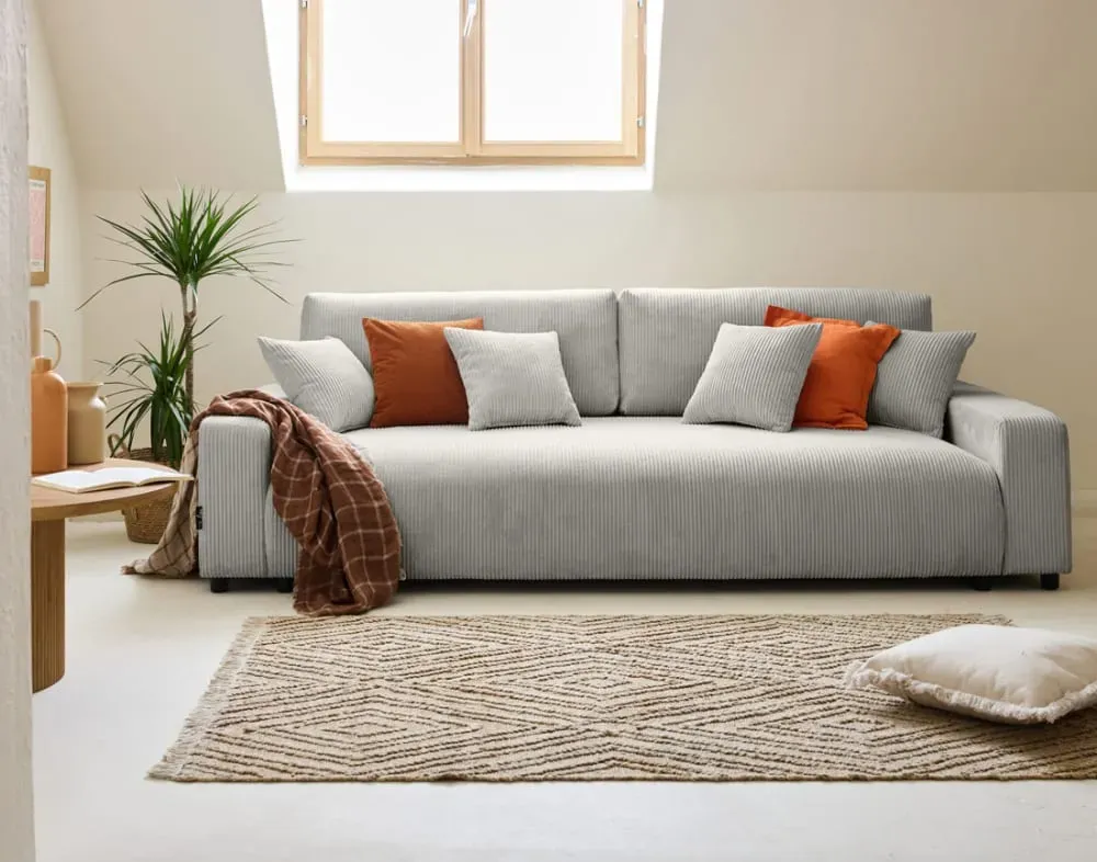 Illustration numéro 2 du produit Canapé droit convertible 3 places en velours côtelé gris clair