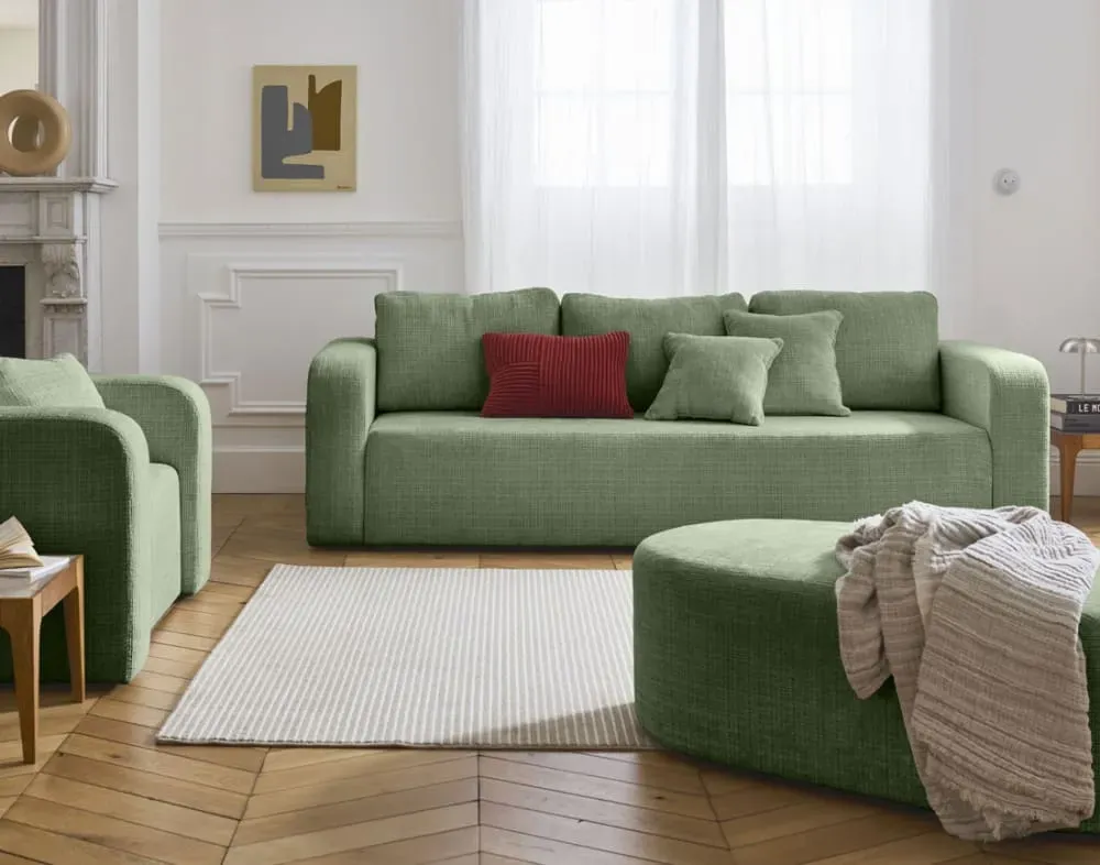 Illustration numéro 2 du produit Canapé droit convertible 3 places en velours texturé vert sauge