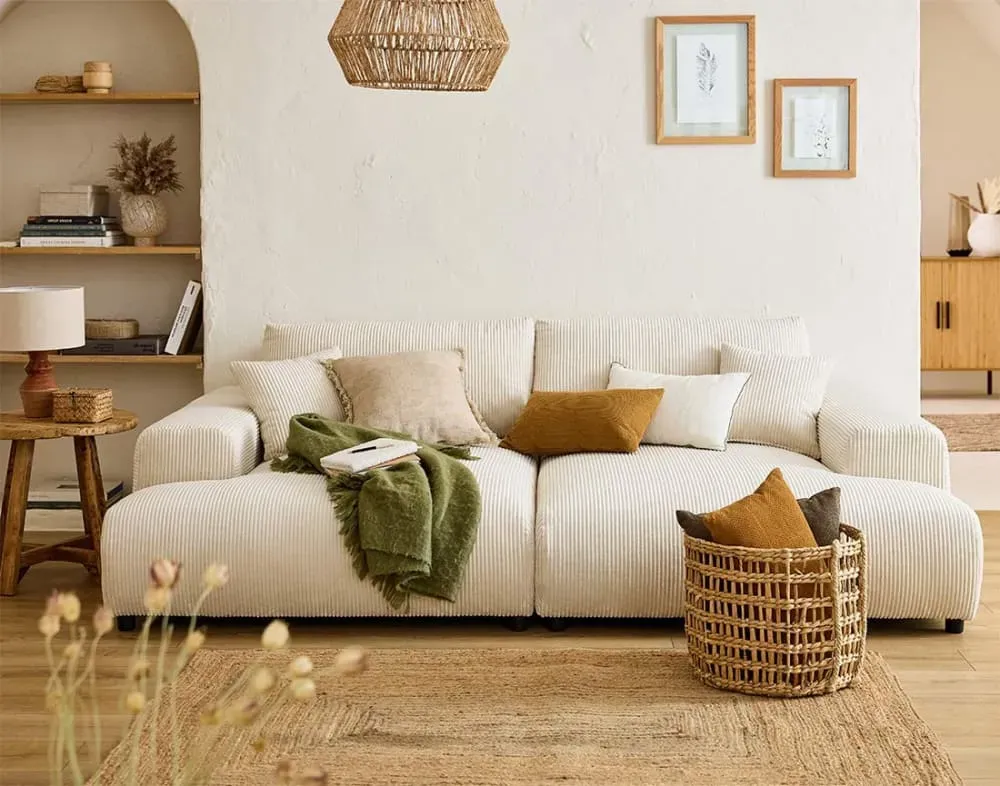 Illustration numéro 2 du produit Canapé droit 4 places en velours côtelé beige