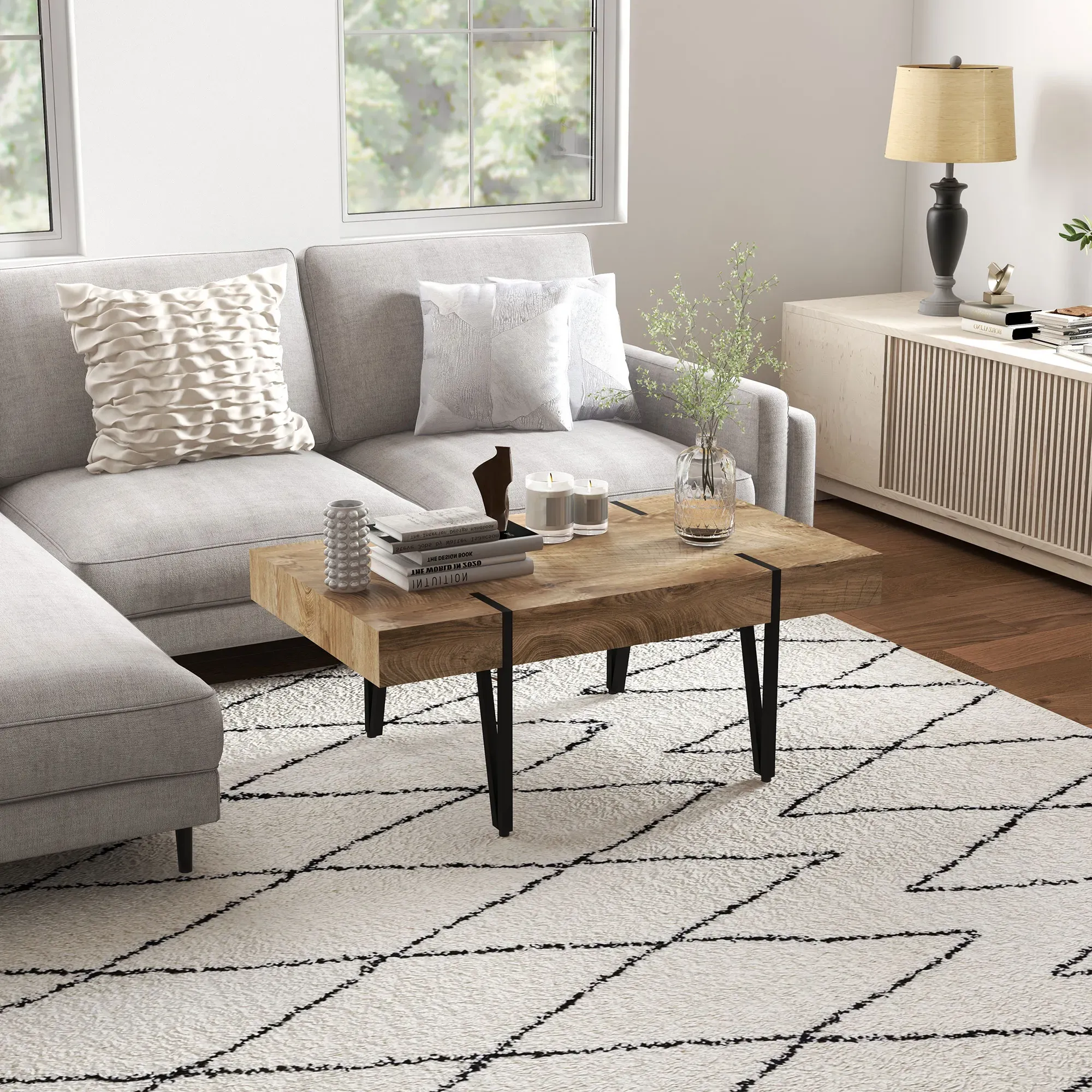 Illustration numéro 2 du produit Table basse style industriel métal noir aspect ancien bastaing bois