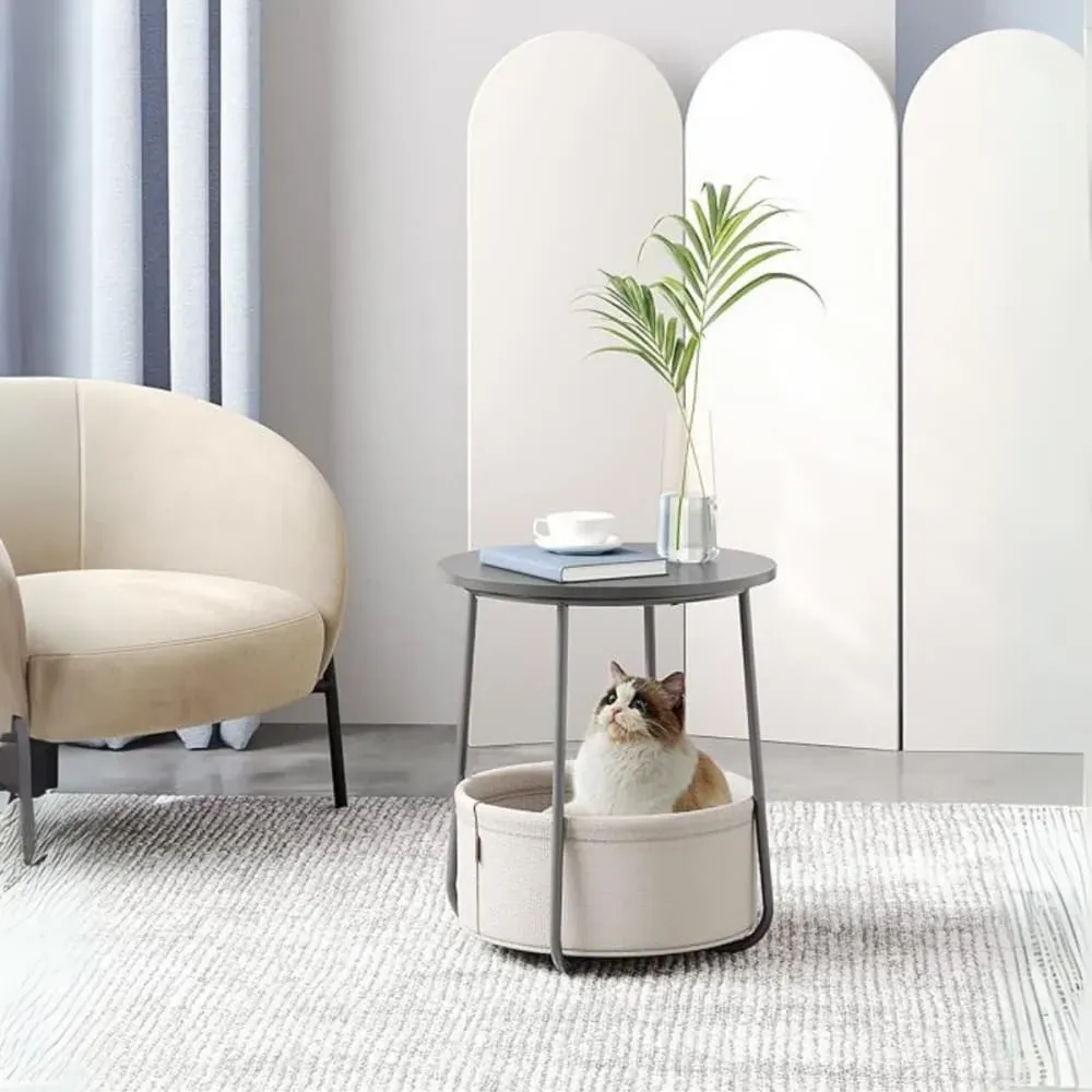 Illustration numéro 2 du produit Bout de canapé rond avec panier de rangement - H51 cm - Gris clair