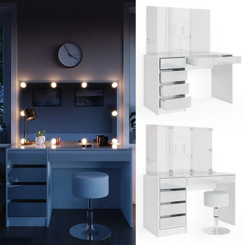 Illustration numéro 2 du produit Coiffeuse avec éclairage LED et tabouret, Blanc 120 x 75cm