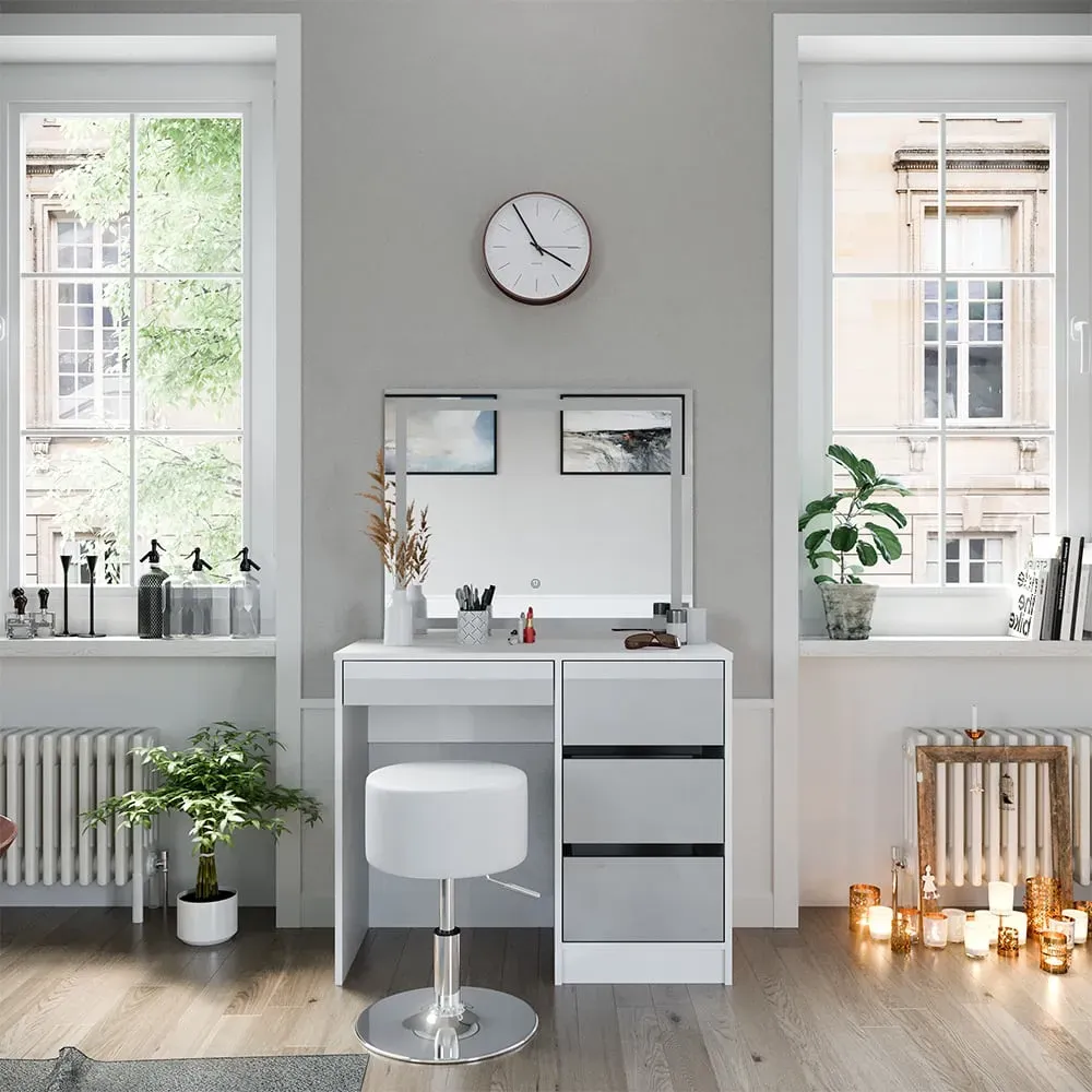 Illustration numéro 2 du produit Coiffeuse avec miroir LED et tabouret, Blanc 90 x 75cm