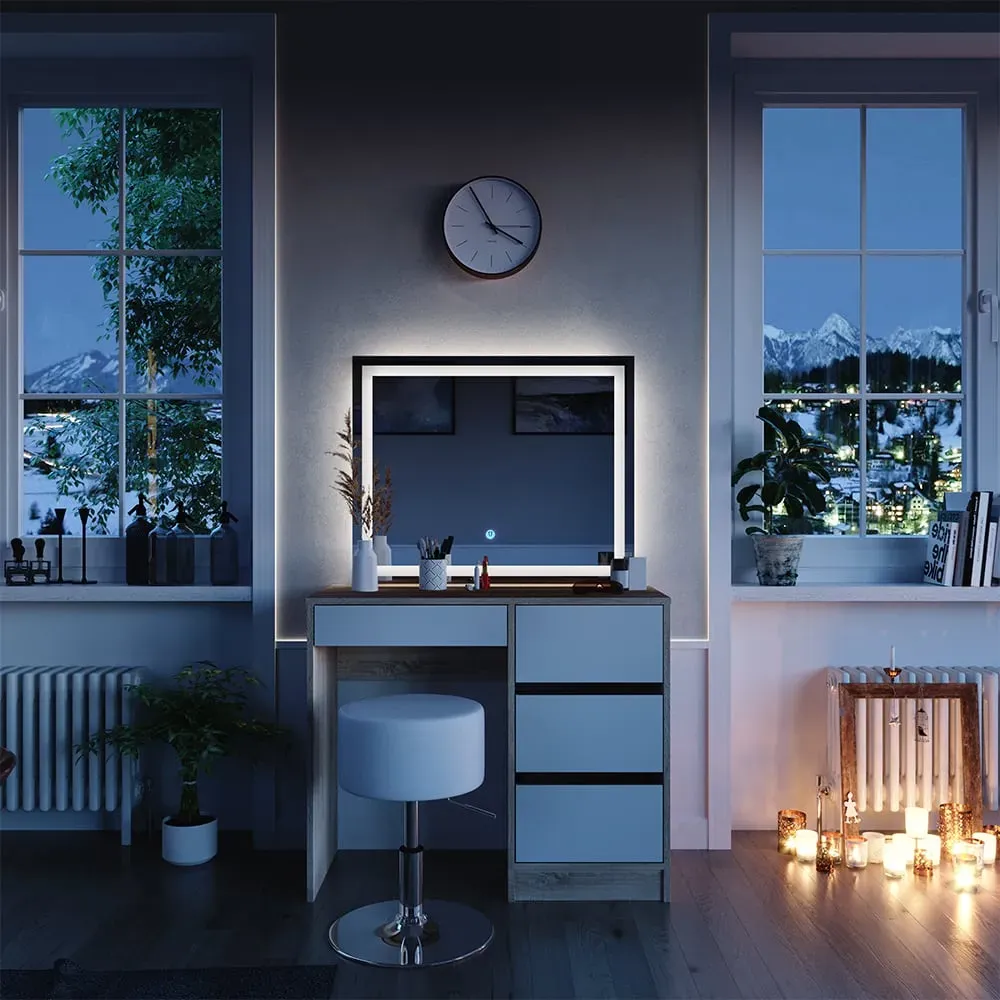 Illustration numéro 2 du produit Coiffeuse avec miroir LED et tabouret, Sonoma 90 x 75cm