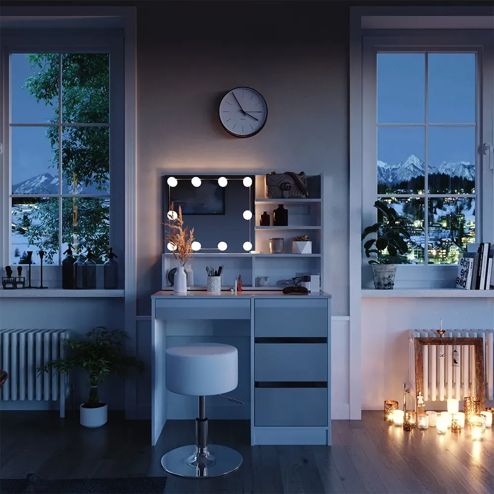 Illustration numéro 2 du produit Coiffeuse avec éclairage LED tabouret et étagère miroir Blanc 40x75cm