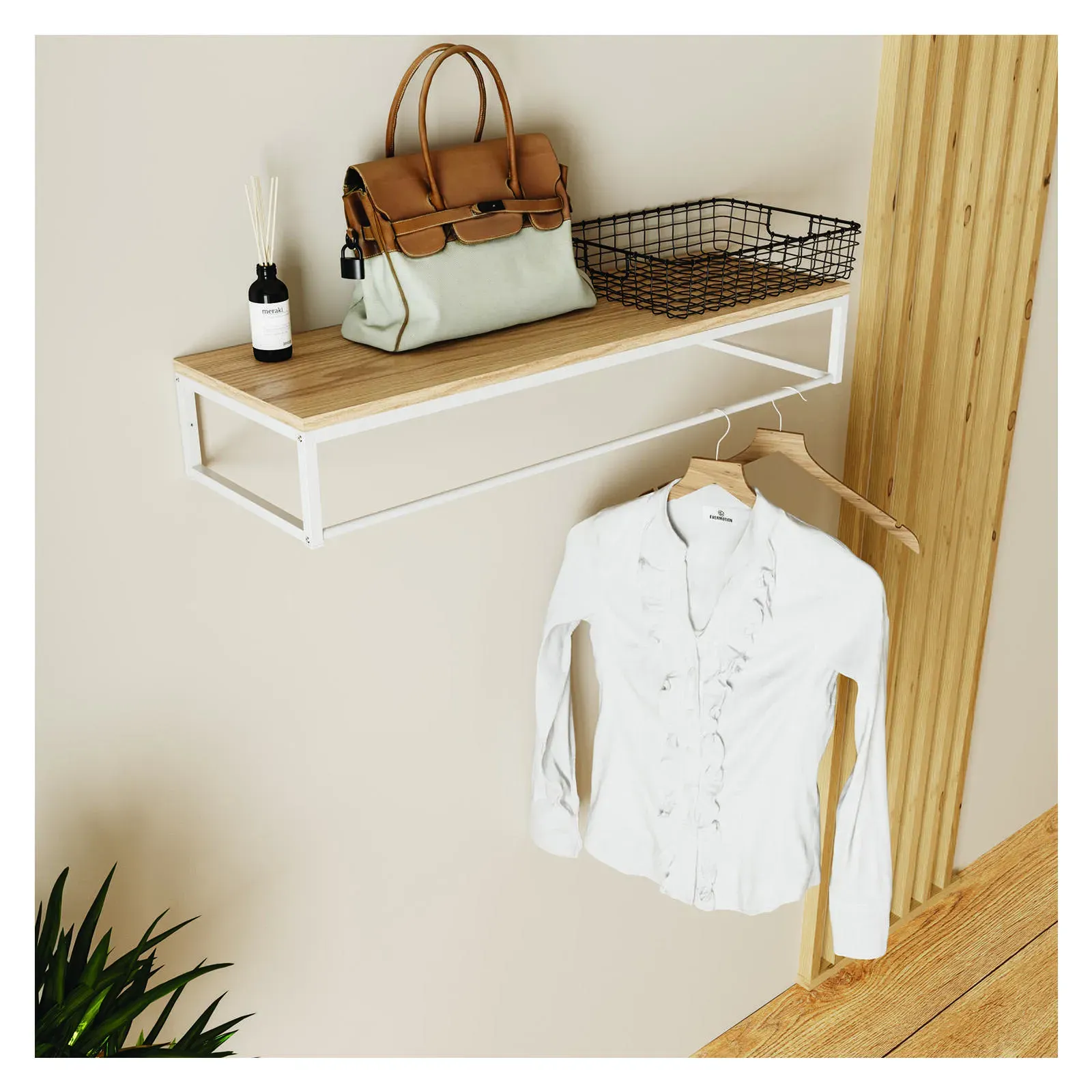 Illustration numéro 2 du produit Penderie étagère murale bois et métal blanc