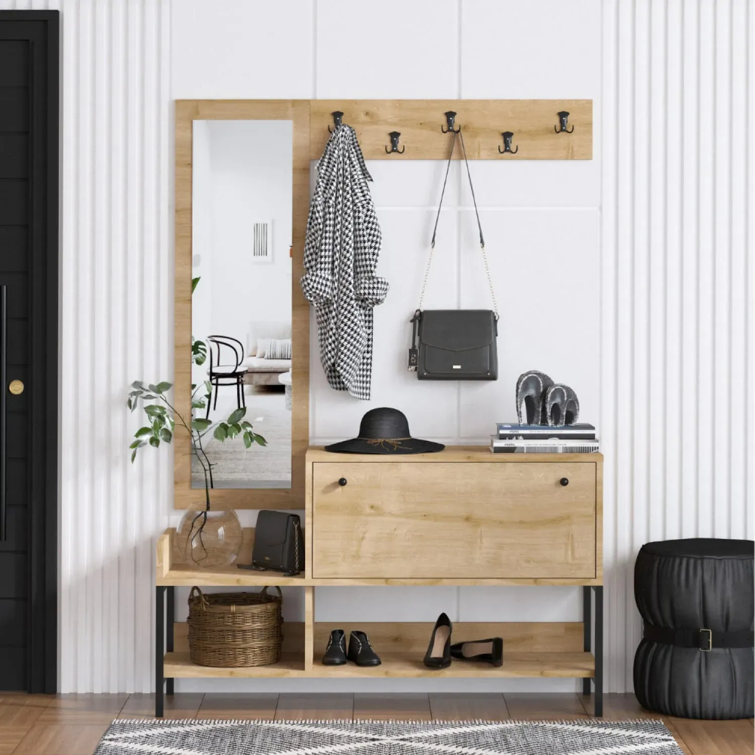 Illustration numéro 2 du produit Meuble d'entrée avec porte-manteau et rangement à chaussures