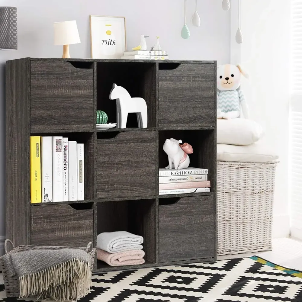 Illustration numéro 2 du produit Bibliothèque 9 cases étagère de rangement 5 portes marron 90x29x90 cm