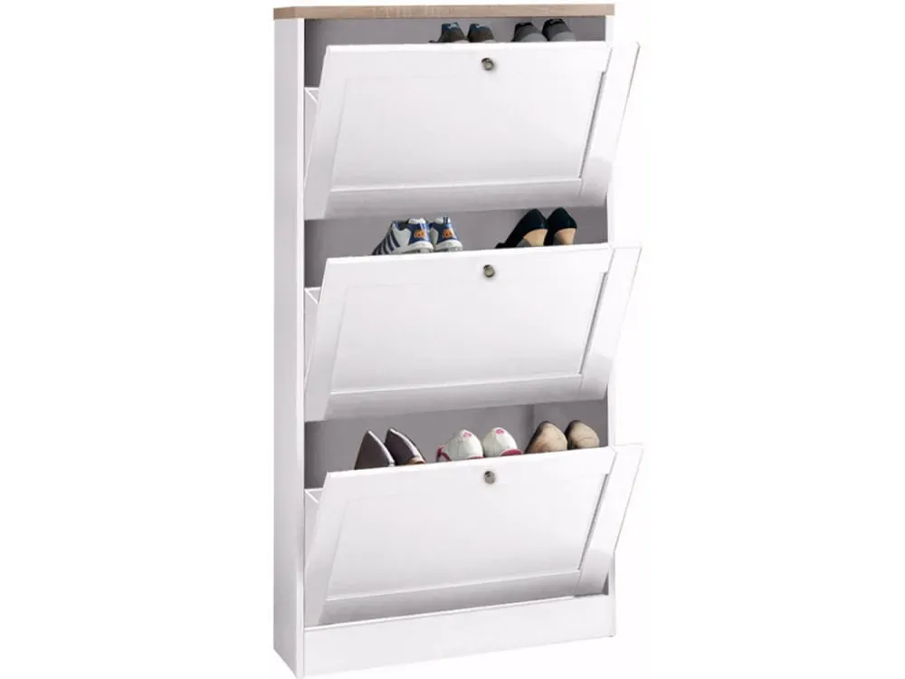 Illustration numéro 2 du produit Coffre à chaussures avec 3 portes battantes en effet bois blanc