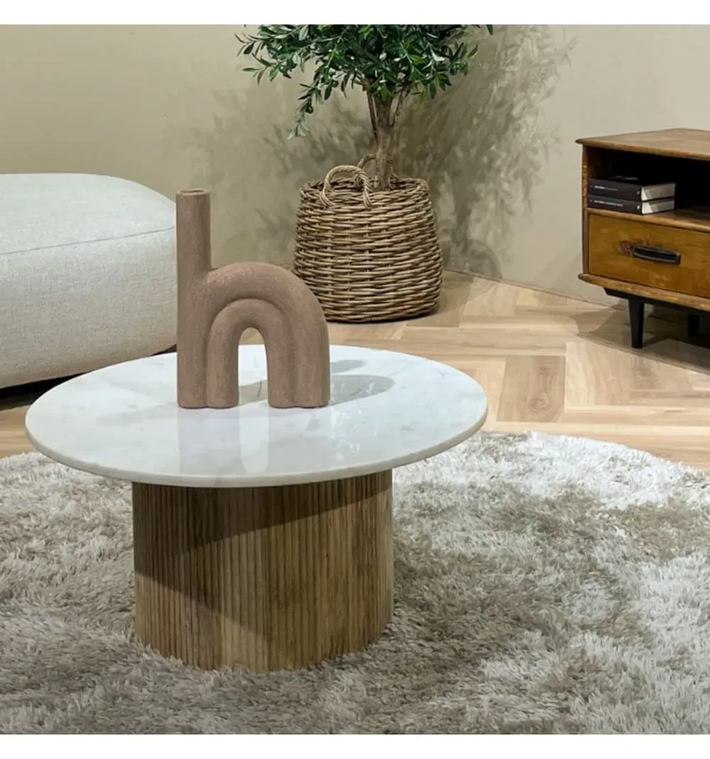 Illustration numéro 2 du produit Table basse ronde D.70 cm en Marbre blanc et manguier massif