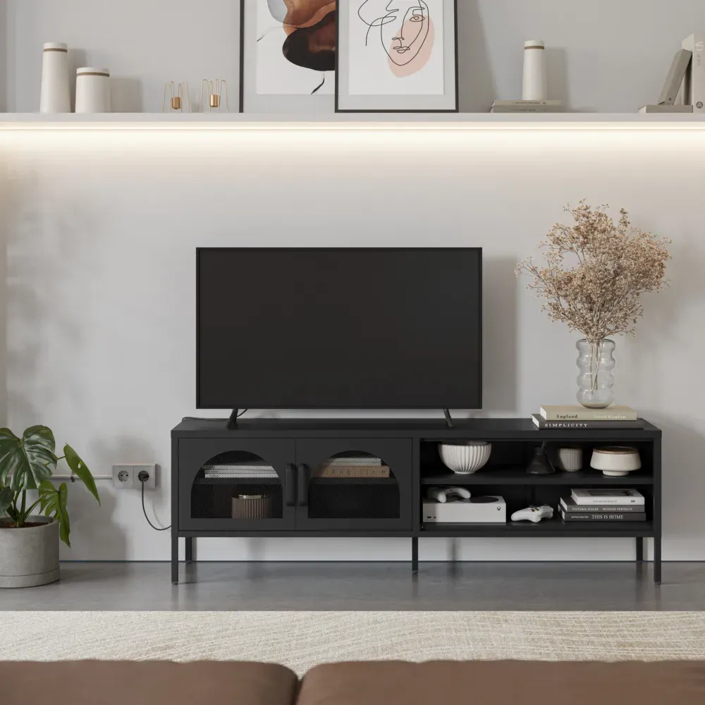 Illustration numéro 2 du produit Meuble TV 2 portes en métal L160cm - Noir