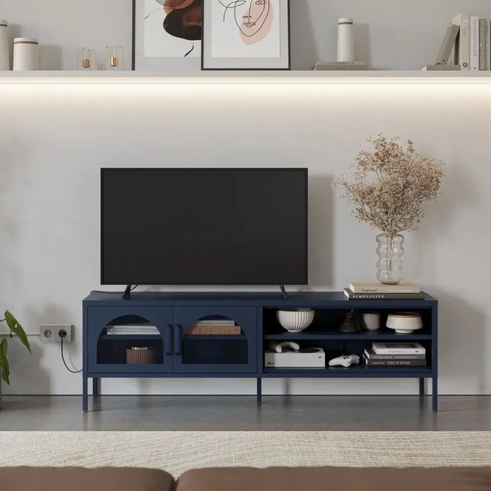 Illustration numéro 2 du produit Meuble TV 2 portes en métal L160cm - Bleu nuit