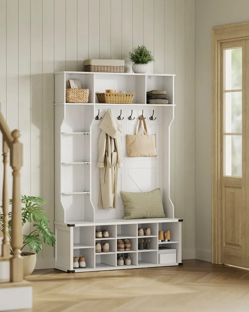 Illustration numéro 2 du produit Porte-manteau avec banc à chaussures 20 compartiments blanc
